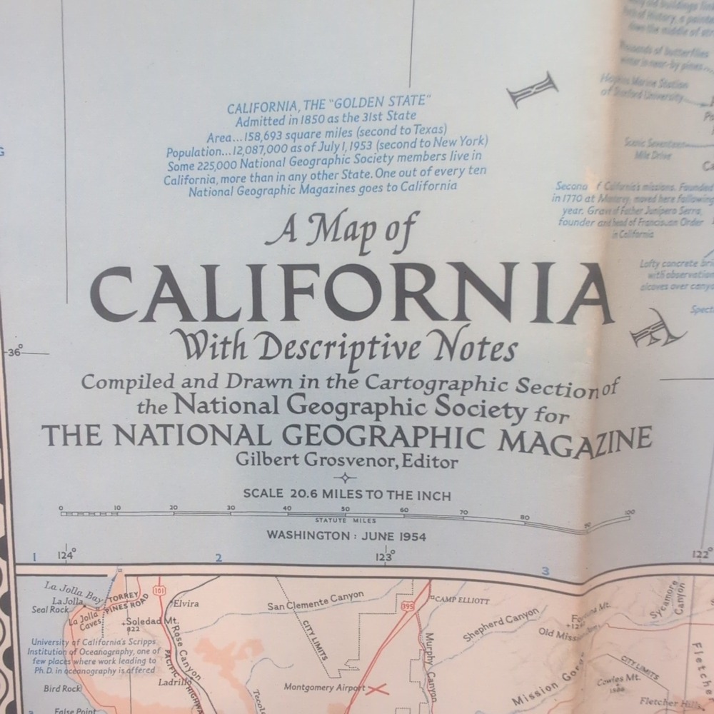 Vintage 1954 National Geographic California Map with Descriptive Notes Wall Art - Picture 2 of 2